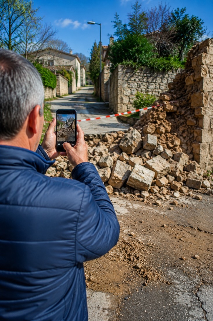 Vecino fotografiando escombros que bloquean un camino